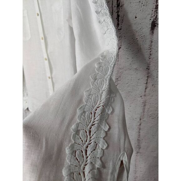 Lilly Pulitzer Sea View Linen Button Down Top White Crochet Sleeve Sz‎ M Medium - Picture 2 of 9